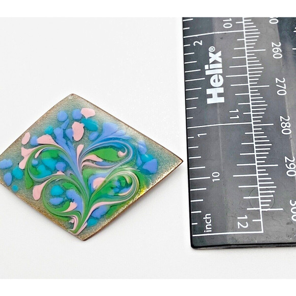 Vintage MCM Designer Inga Carlson Enamel Copper Brooch Pink Blue Green Swirl 2" - Picture 3 of 5